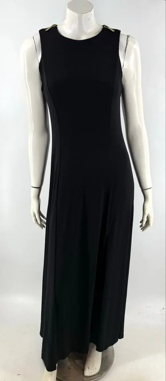 Michael Kors Womens Maxi Dress Size Small Black Gold Shoulder Zip Front Slit